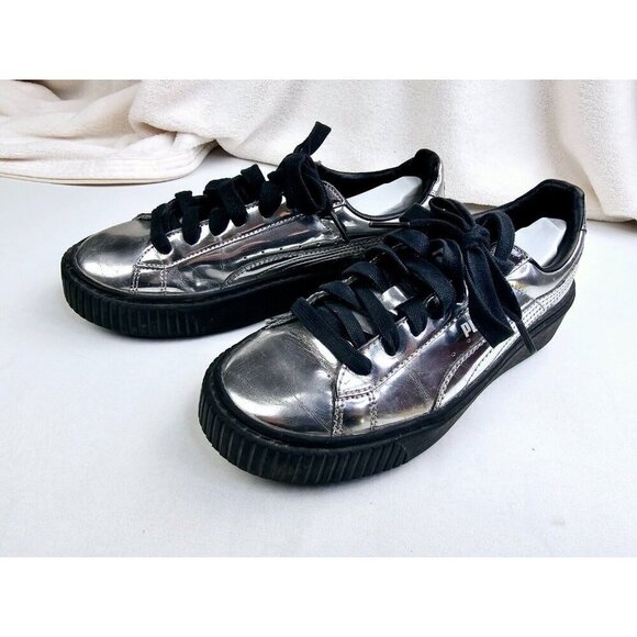 Puma Size 6 Womens Silver patent Leather Low Lace Platform Logo Fashion Sneakers - Picture 10 of 11